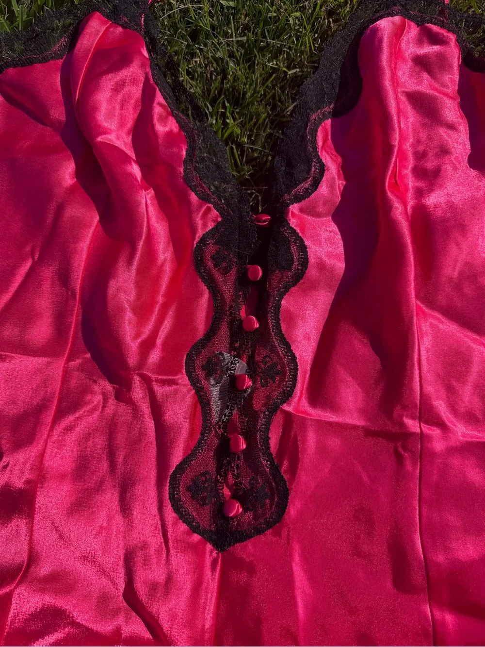 VTG Hot Pink Lace-Trim Satin Chemise - Size XL
